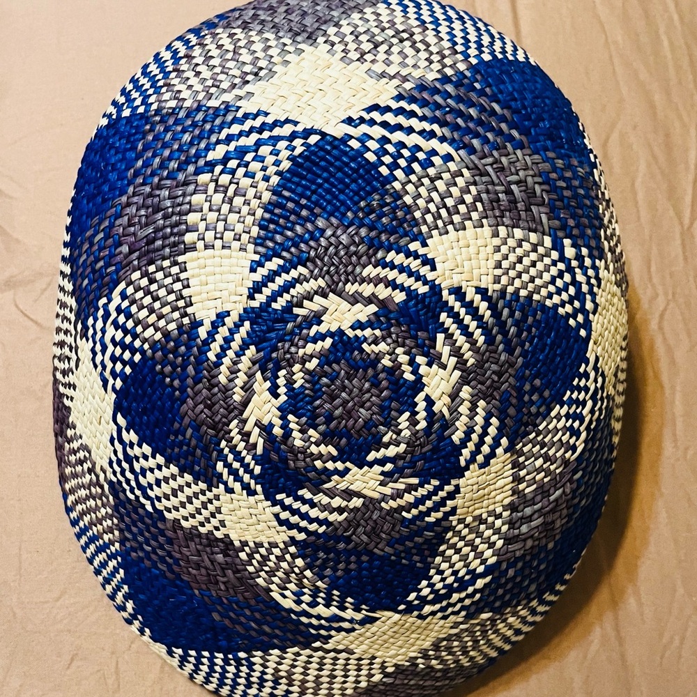 Handwoven Round Straw Basket Hat in Blue, Cream & Gray